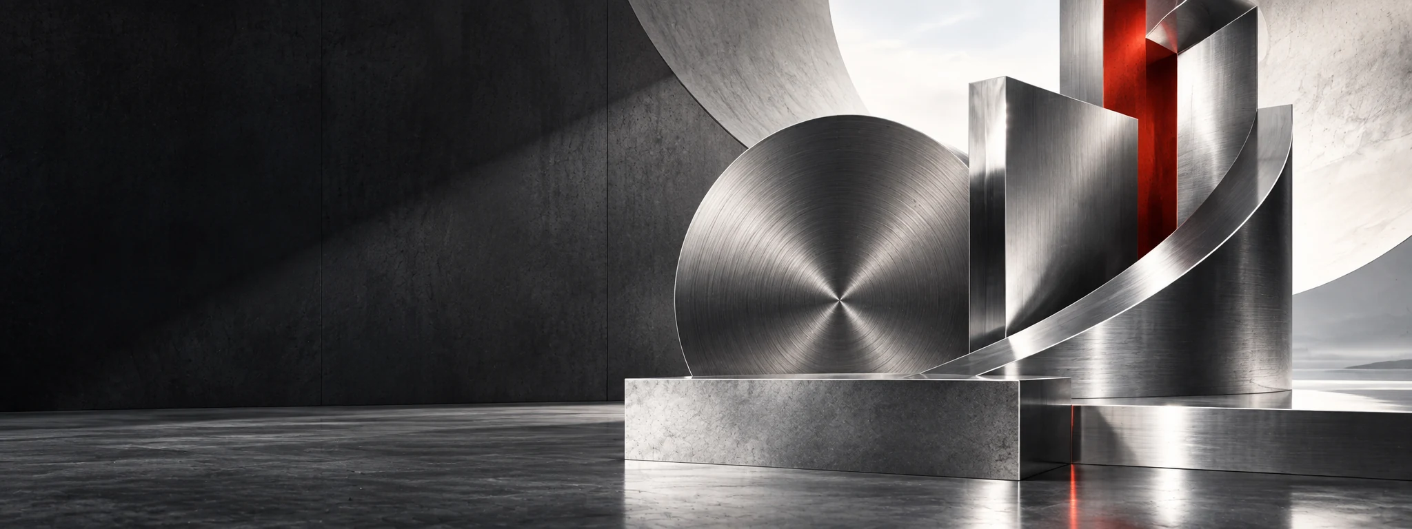 Layered stainless steel surfaces arranged in precise architectural geometry