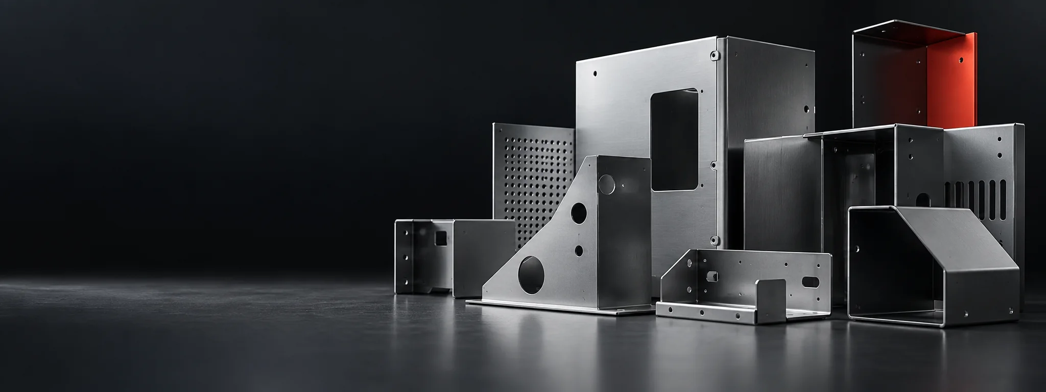Editorial industrial composition representing sheet metal components