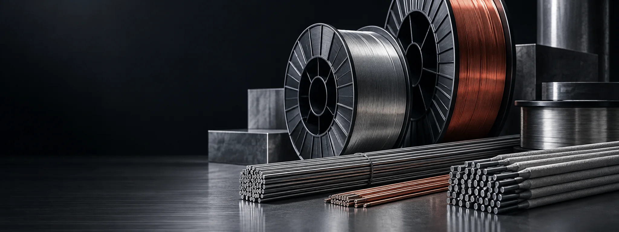 Editorial industrial composition representing welding wires & electrodes