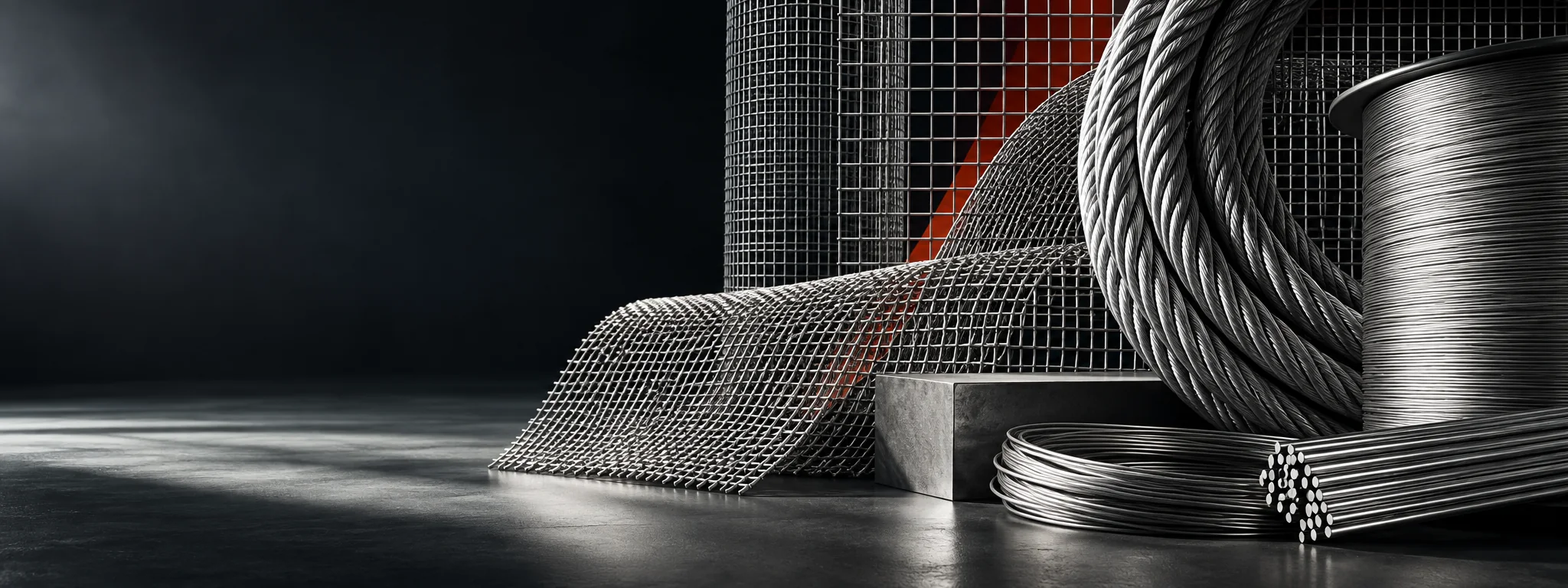 Editorial industrial composition representing wire mesh, wire ropes & wire products